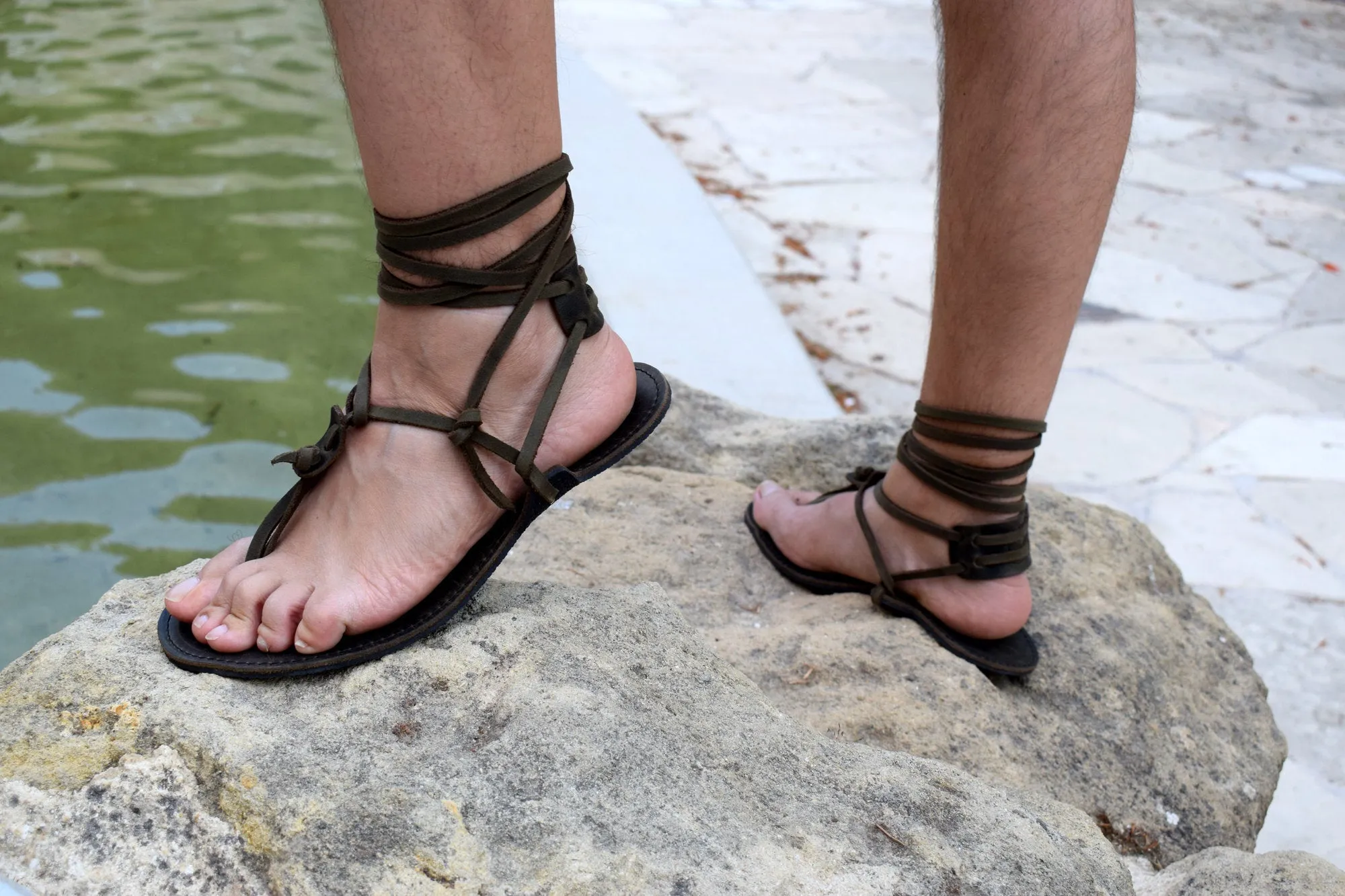 Barefoot men sandals, Leather Sandals, barefoot shoes, Beach Barefoot Sandals at khaki Leather.
