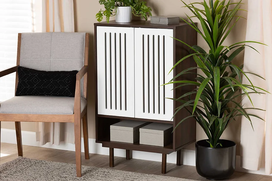 Baxton Studio Meike Mid-Century Modern Two-Tone Walnut Brown and White Finished Wood 2-Door Shoe Cabinet