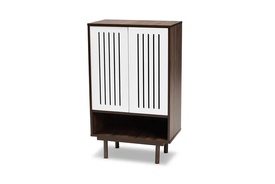 Baxton Studio Meike Mid-Century Modern Two-Tone Walnut Brown and White Finished Wood 2-Door Shoe Cabinet
