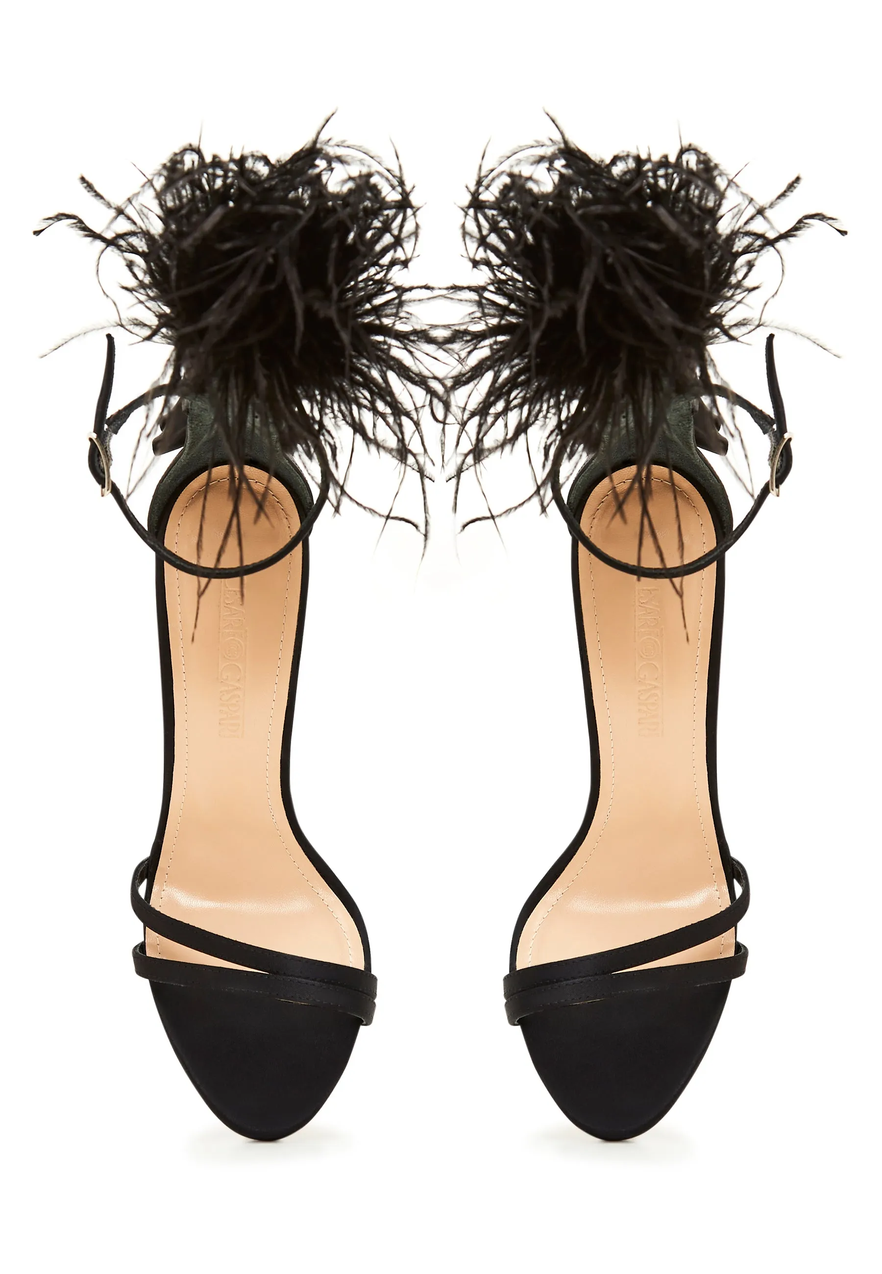 Elegant Black Feathered Ankle Strap Luxury High Heel Sandals - Black