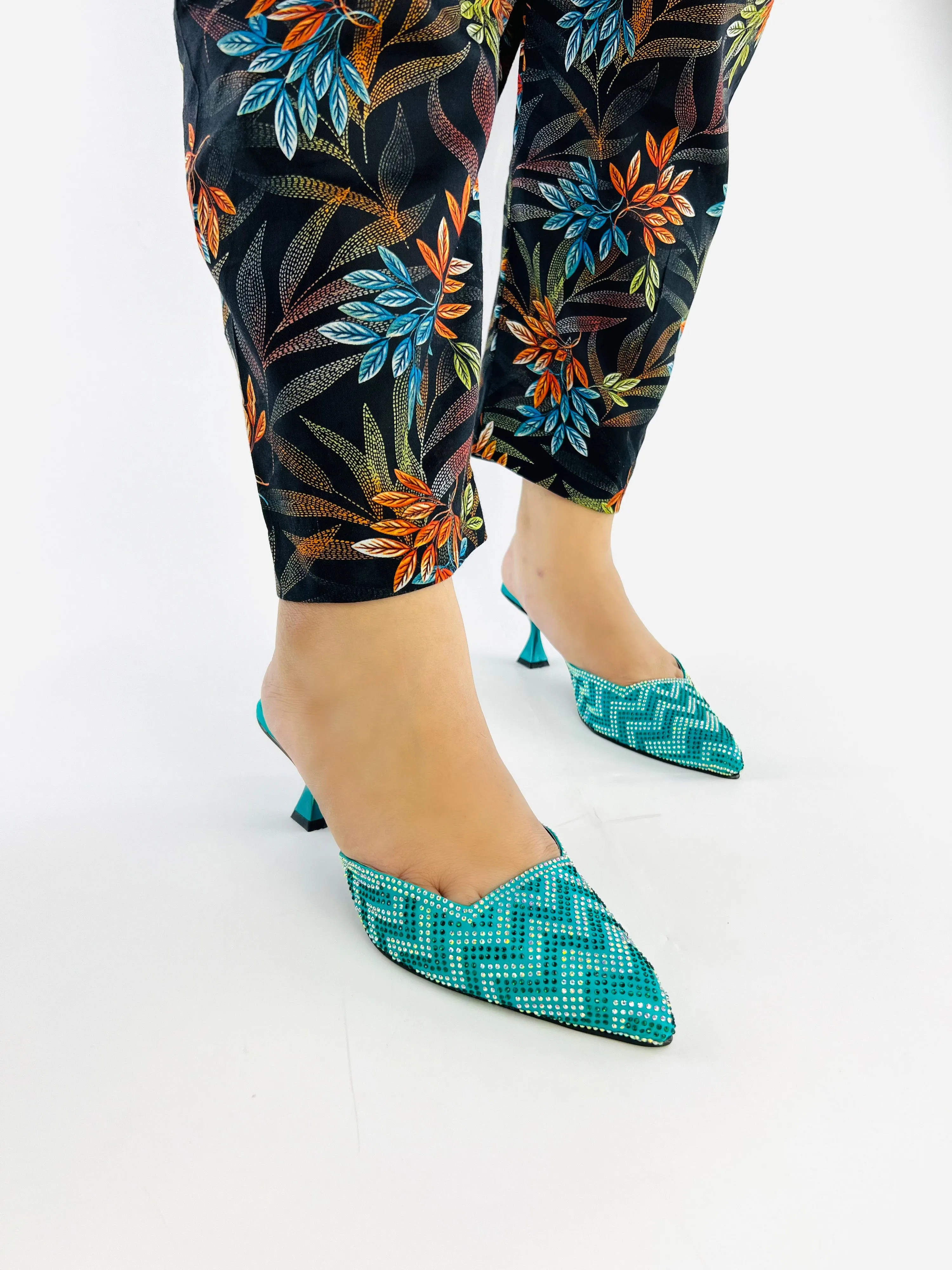 Green Diamond Stones Studded Embroidery Kitten Heel