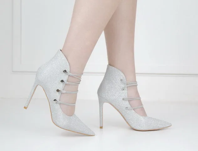Helen2 shimmer 10cm pointy with 4 elastic belts silver