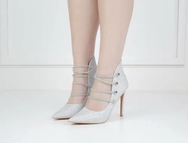 Helen2 shimmer 10cm pointy with 4 elastic belts silver