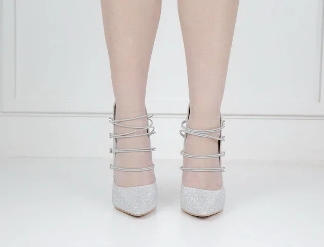 Helen2 shimmer 10cm pointy with 4 elastic belts silver