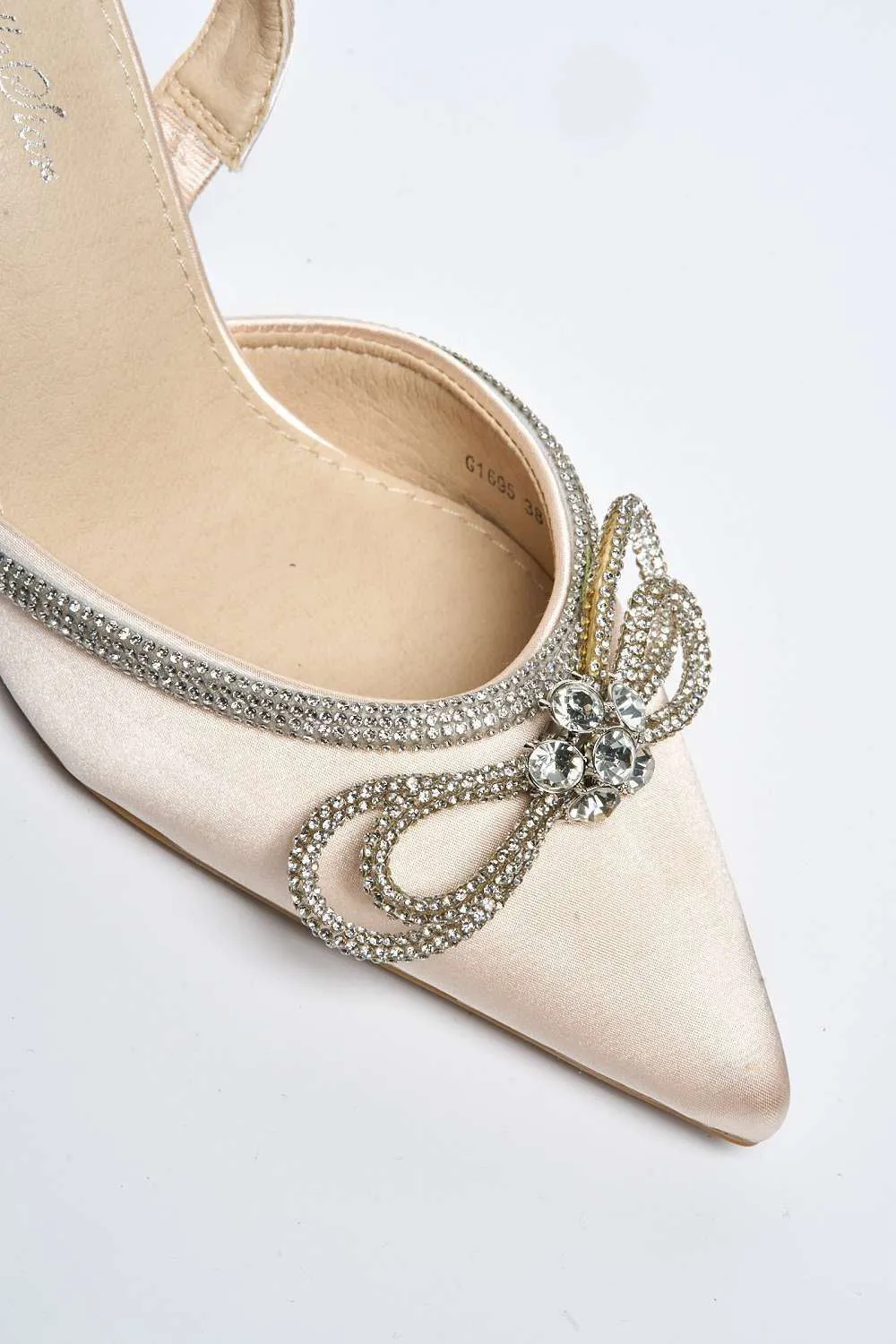 Irma Diamante Embellished Sling Back Court Shoes with Bow Detail in Beige