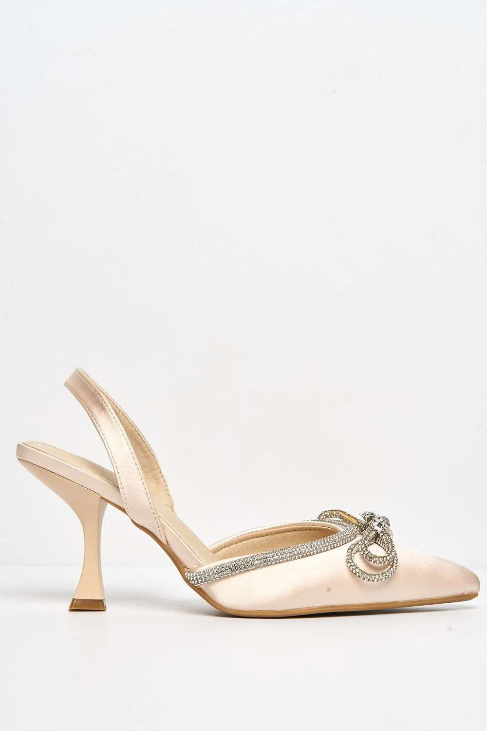 Irma Diamante Embellished Sling Back Court Shoes with Bow Detail in Beige