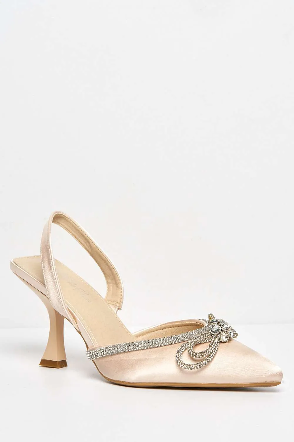 Irma Diamante Embellished Sling Back Court Shoes with Bow Detail in Beige