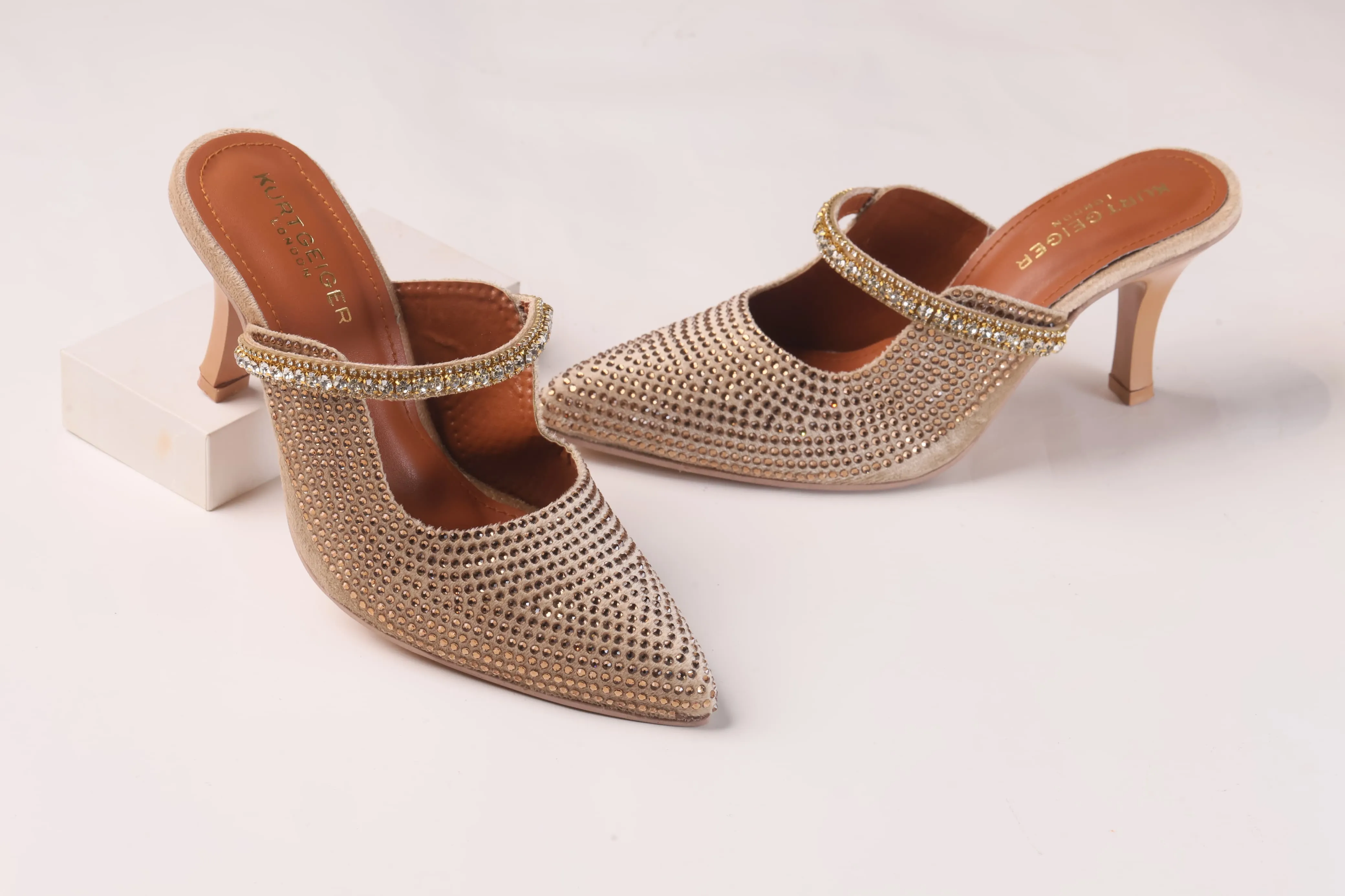 KURT GEIGER LONDON DUKE CRYSTAL EMBELLISHED CANVAS HEELED SANDALS - GOLD