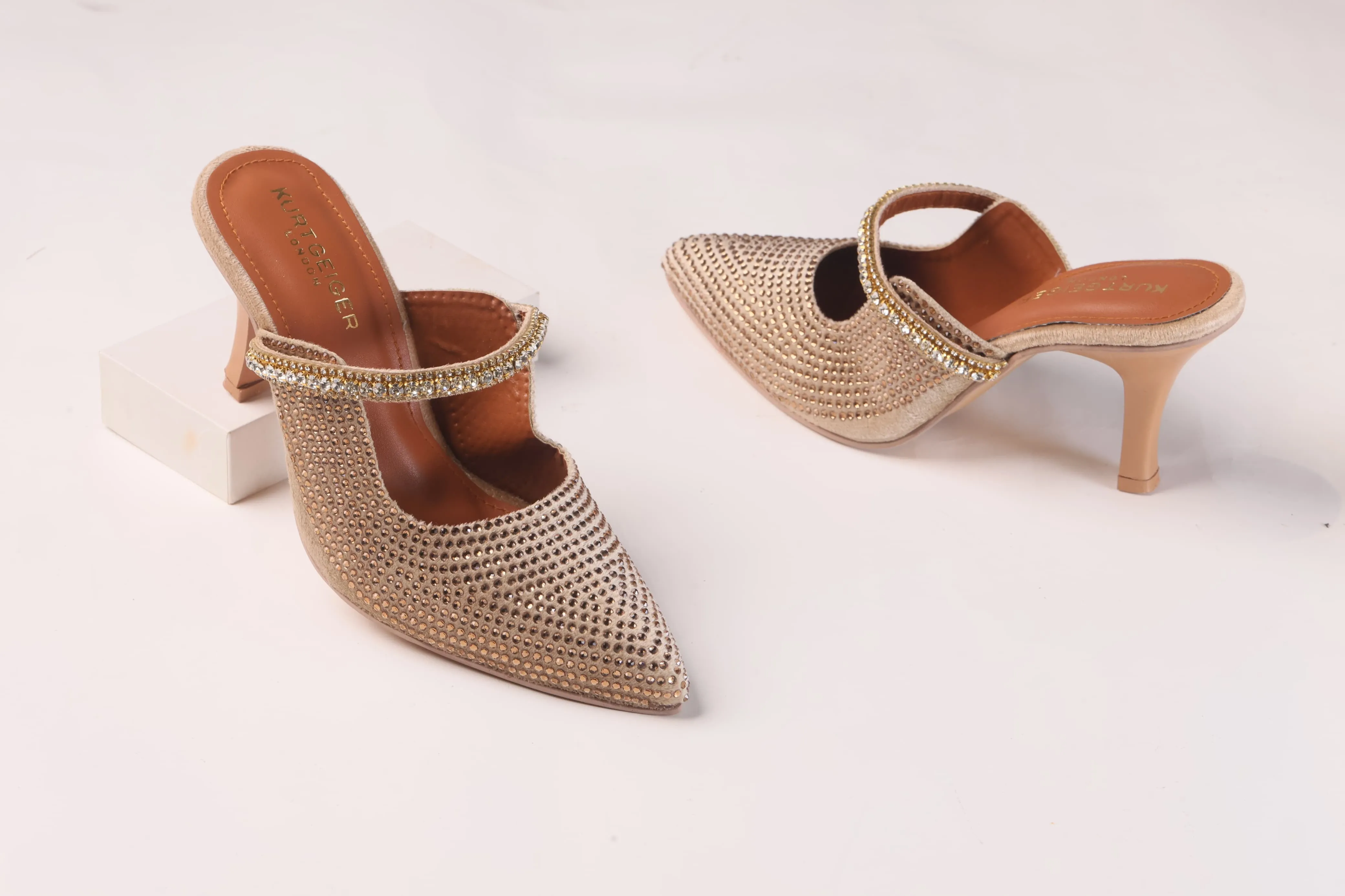 KURT GEIGER LONDON DUKE CRYSTAL EMBELLISHED CANVAS HEELED SANDALS - GOLD