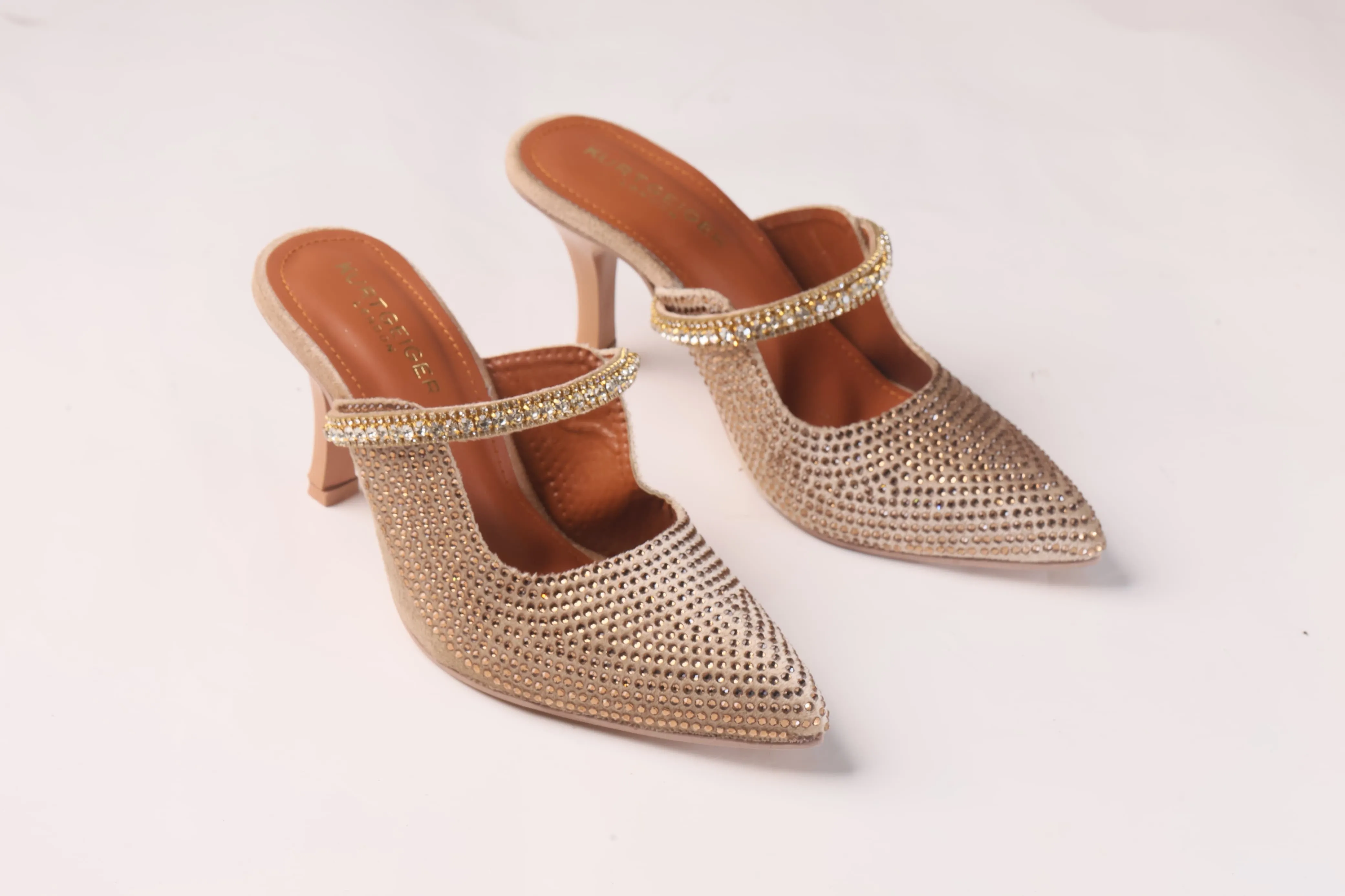 KURT GEIGER LONDON DUKE CRYSTAL EMBELLISHED CANVAS HEELED SANDALS - GOLD