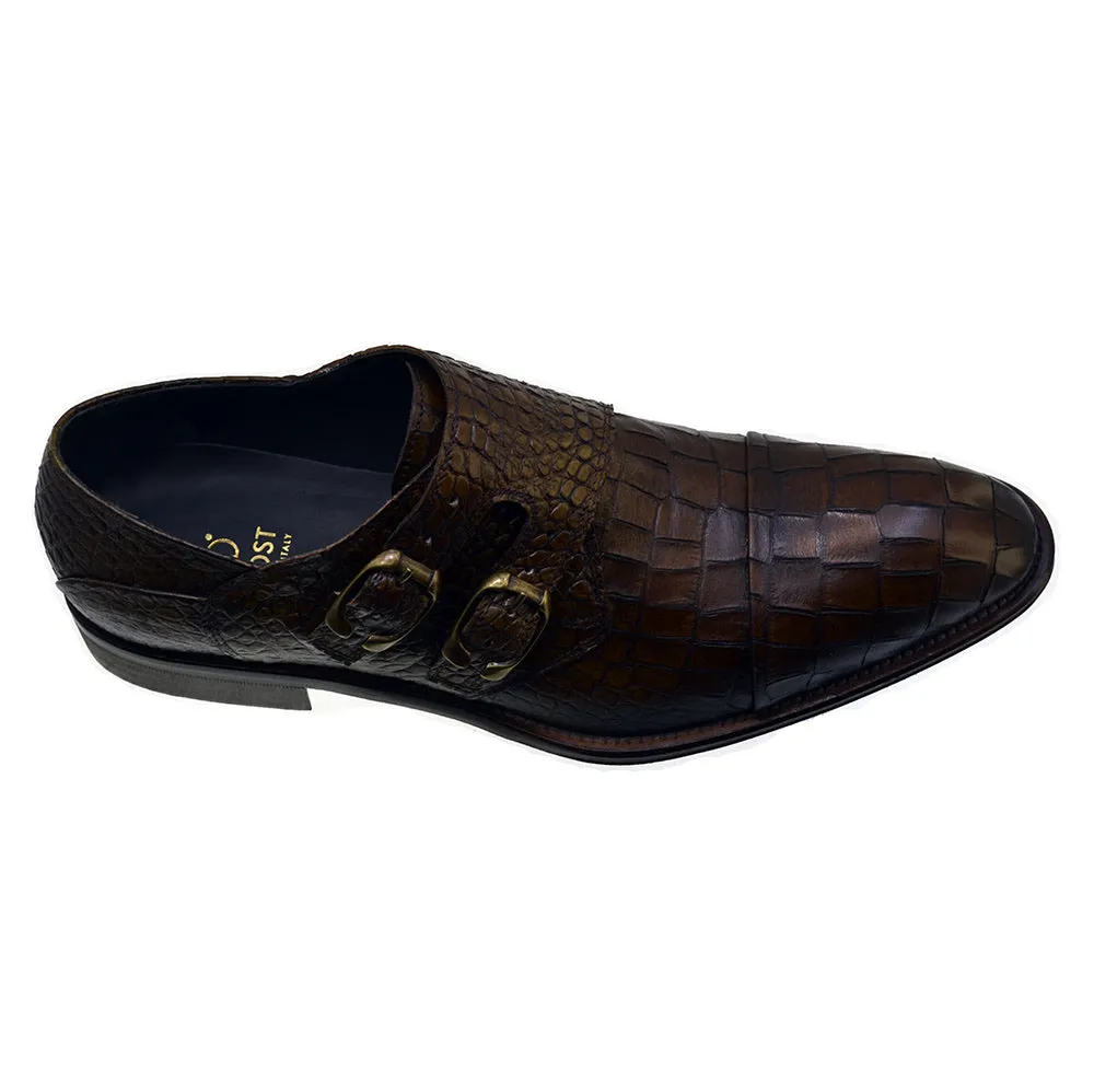 Men's Italian Shoes Jo Ghost 3001 Brown Leather Print Crocodile Monk Shoes