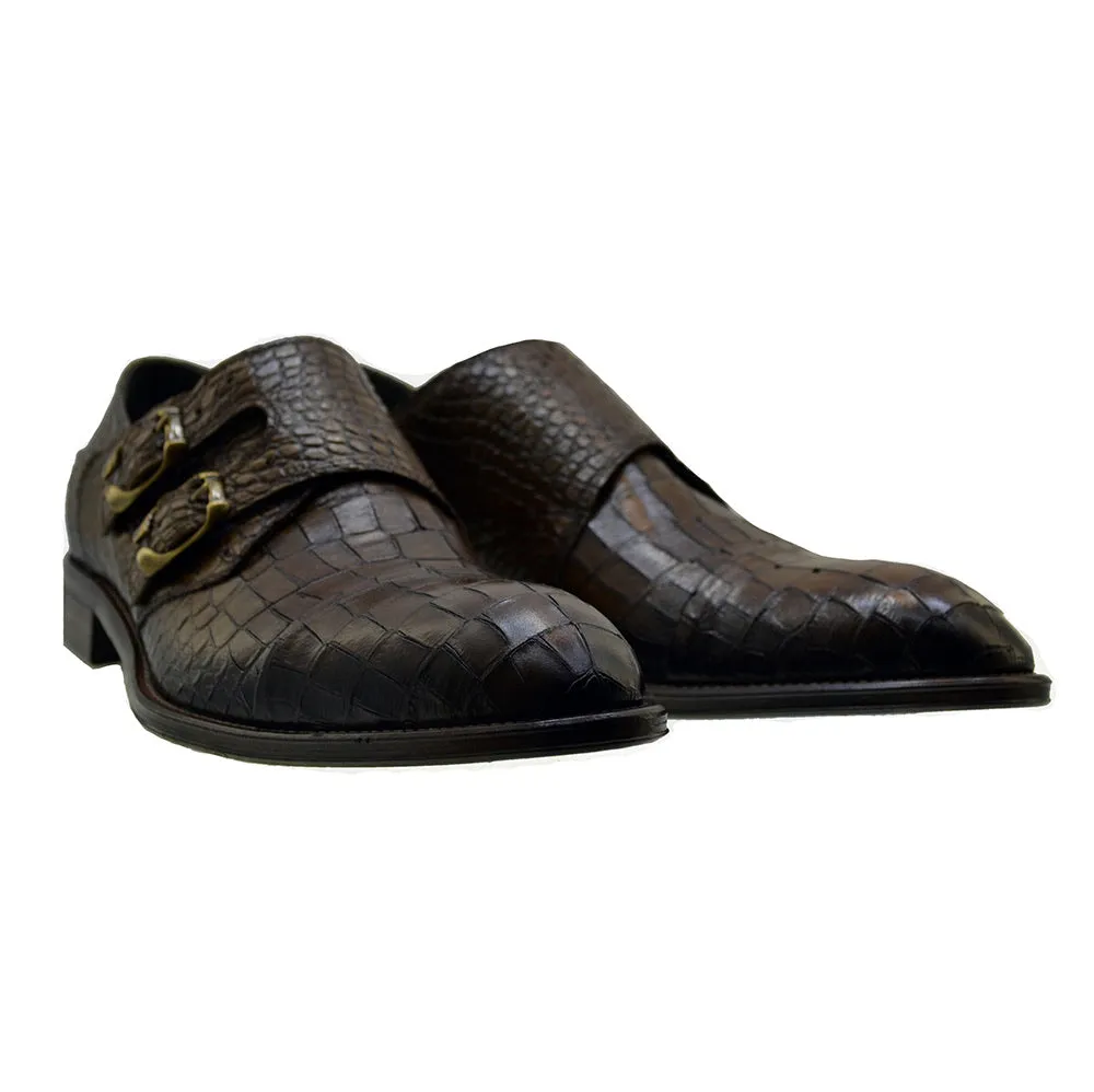 Men's Italian Shoes Jo Ghost 3001 Brown Leather Print Crocodile Monk Shoes