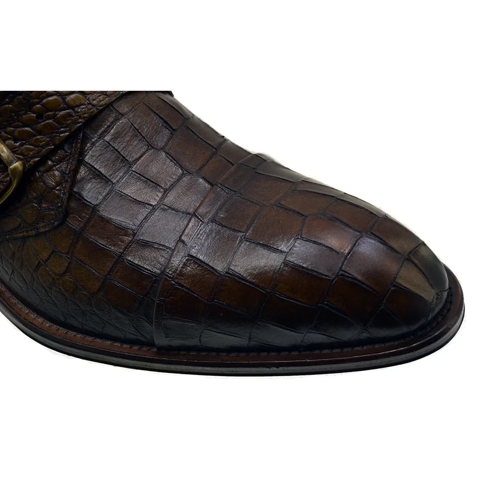 Men's Italian Shoes Jo Ghost 3001 Brown Leather Print Crocodile Monk Shoes