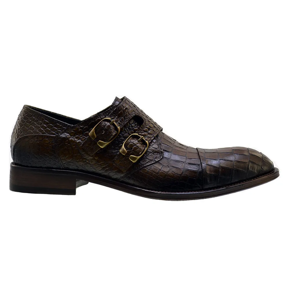 Men's Italian Shoes Jo Ghost 3001 Brown Leather Print Crocodile Monk Shoes