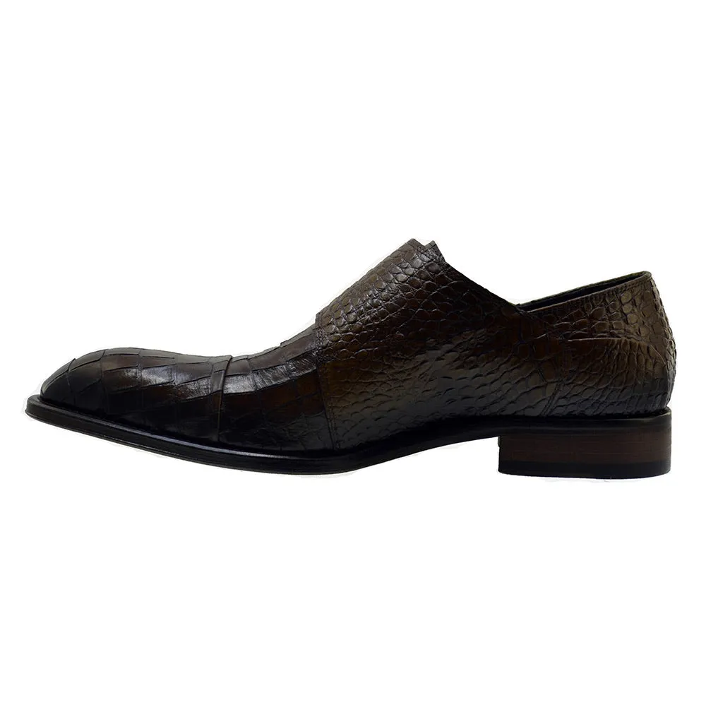 Men's Italian Shoes Jo Ghost 3001 Brown Leather Print Crocodile Monk Shoes