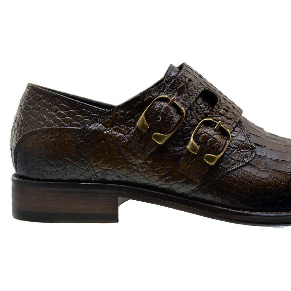 Men's Italian Shoes Jo Ghost 3001 Brown Leather Print Crocodile Monk Shoes