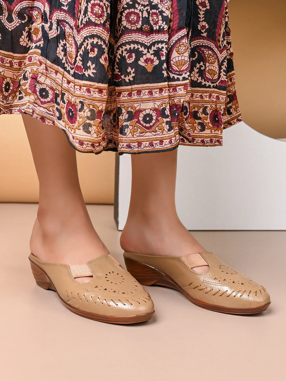 Pelle Albero Women Beige Leather Wedge Heel Mules
