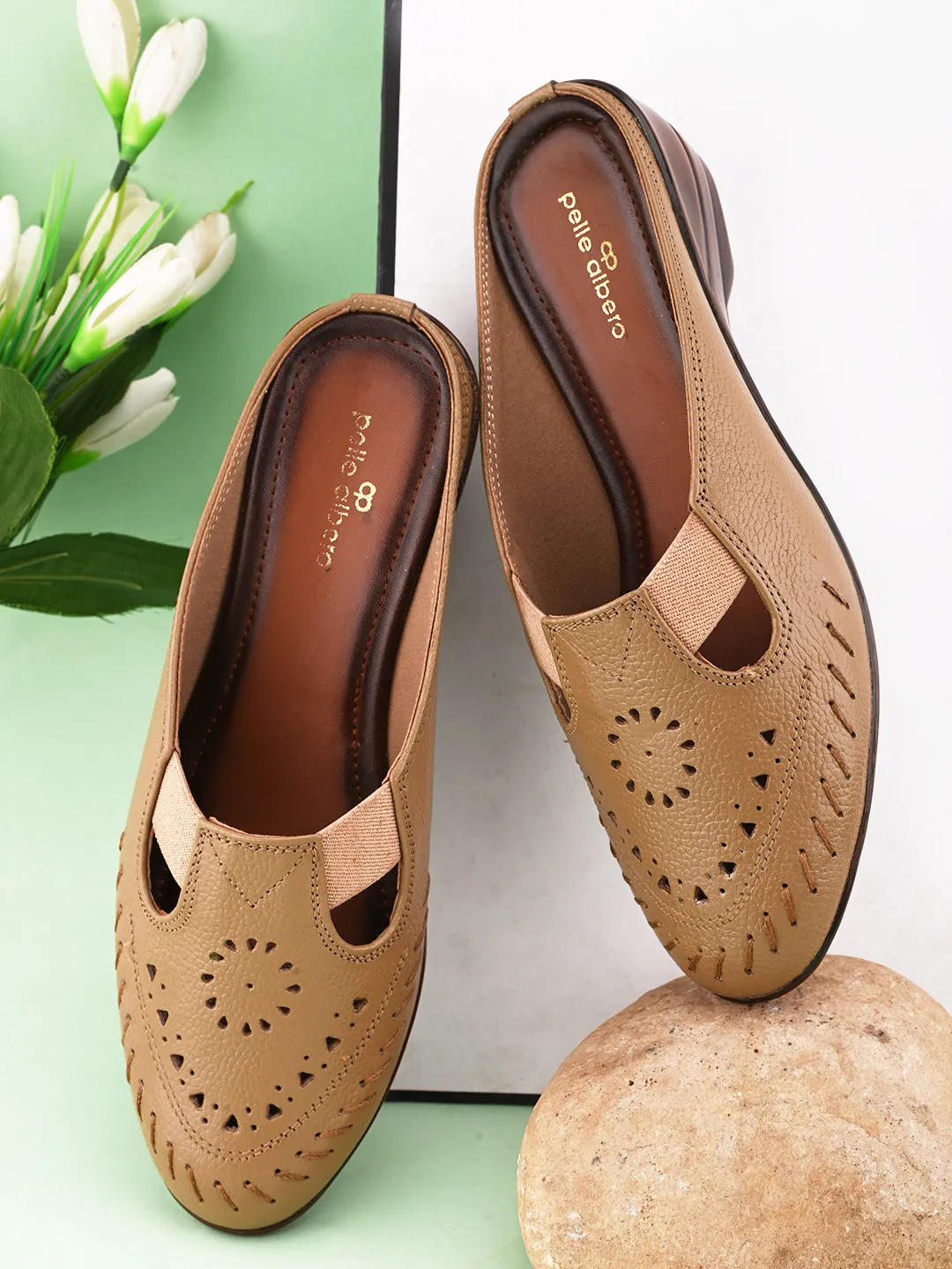 Pelle Albero Women Beige Leather Wedge Heel Mules