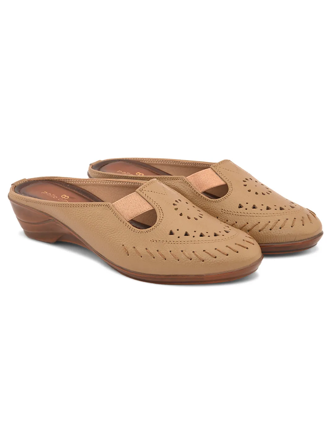 Pelle Albero Women Beige Leather Wedge Heel Mules