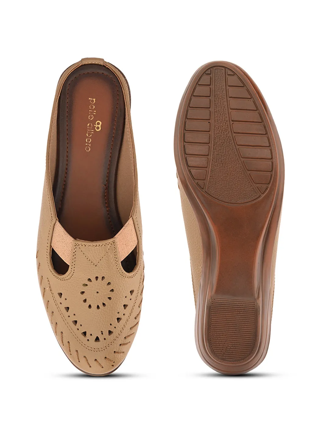 Pelle Albero Women Beige Leather Wedge Heel Mules