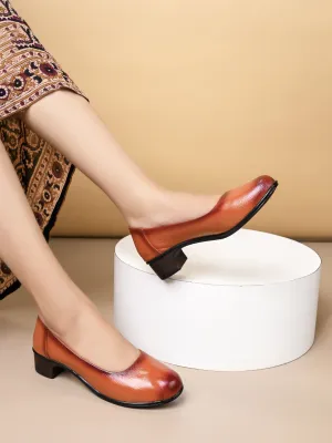 Pelle Albero Women Tan Leather Office Block Heel Ballerina