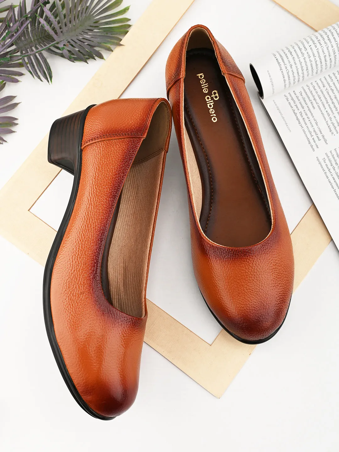 Pelle Albero Women Tan Leather Office Block Heel Ballerina