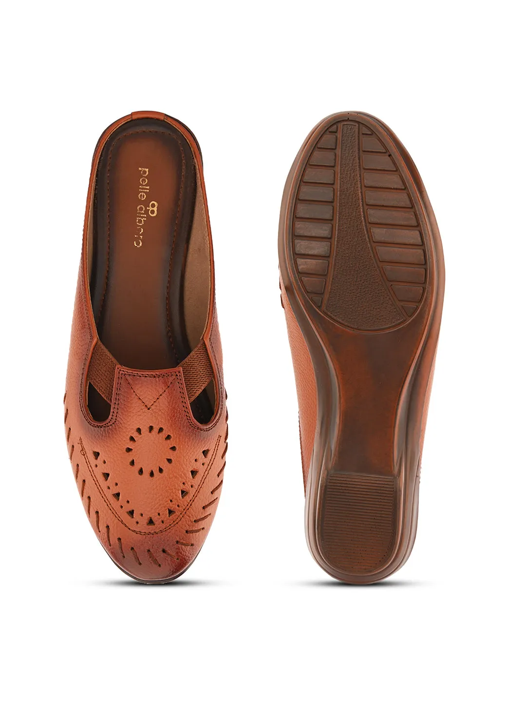 Pelle Albero Women Tan Leather Wedge Heel Mules