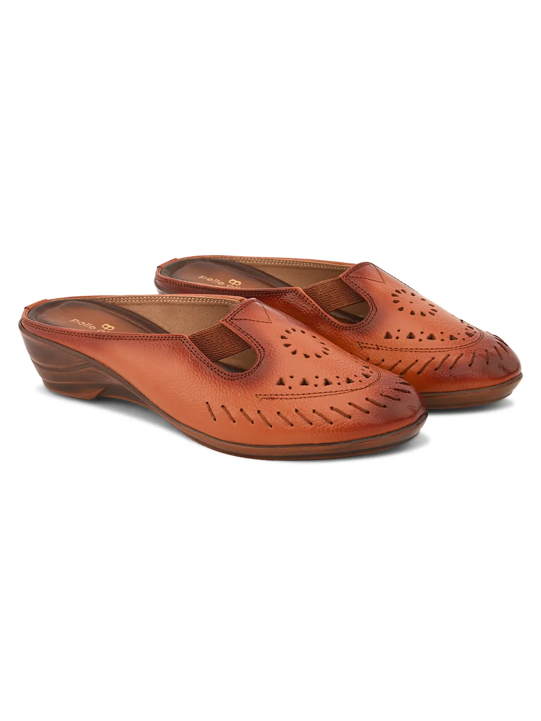 Pelle Albero Women Tan Leather Wedge Heel Mules