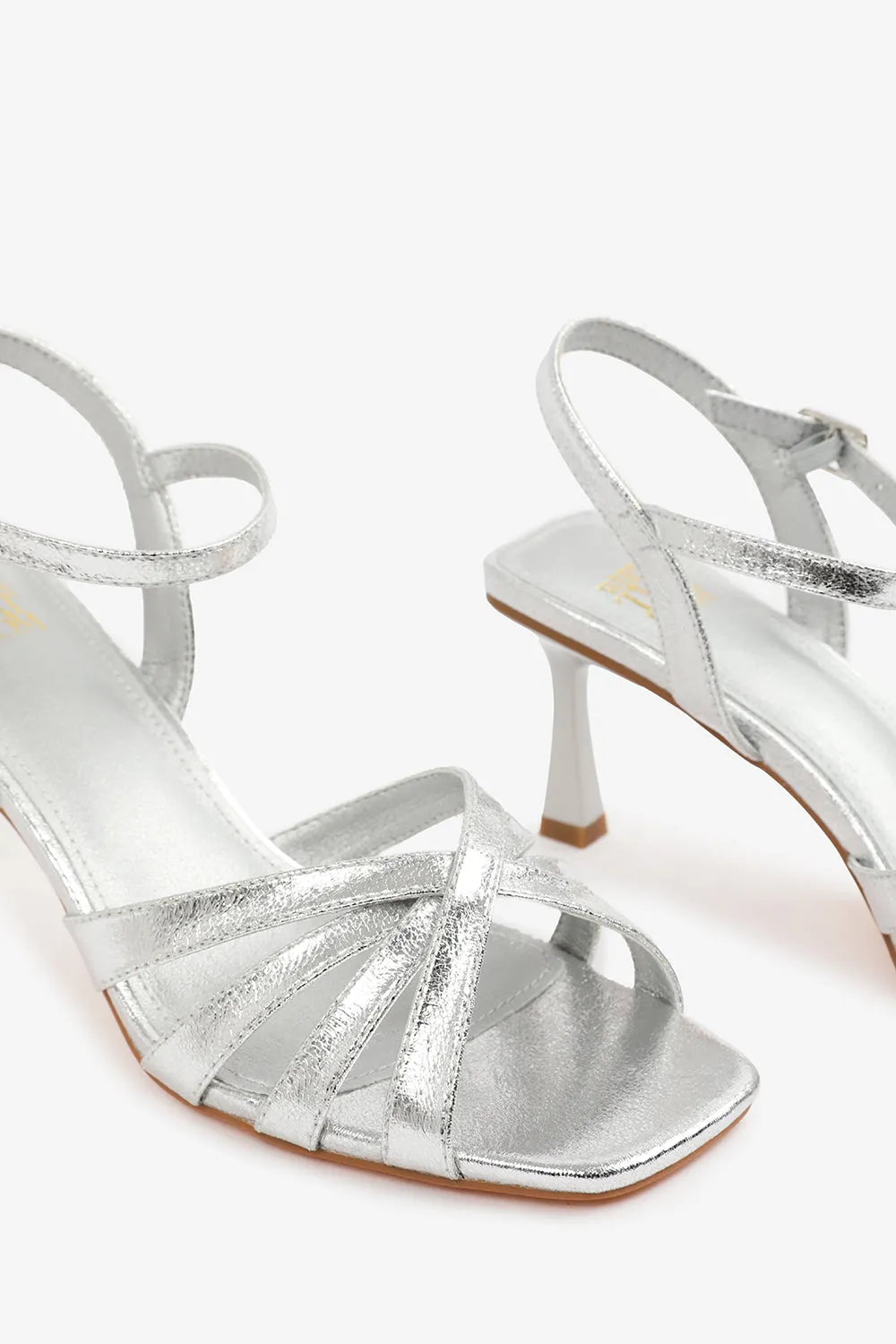 TORIGH WIDE FIT CROSS OVER MULTI STRAP ADJUSTABLE BUCKLE HEEL IN SILVER CRINKLE PU