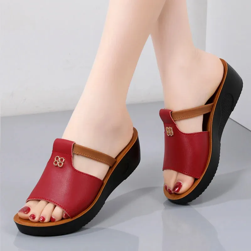 Trendy Retro Leather Wedge Open Toe Sandals