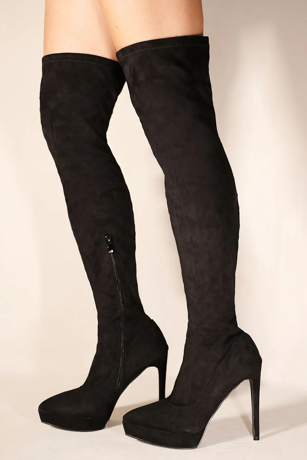 VEENA POINTED TOE KNEE HIGH HEEL PLATFORM BOOTS IN BLACK FAUX SUEDE