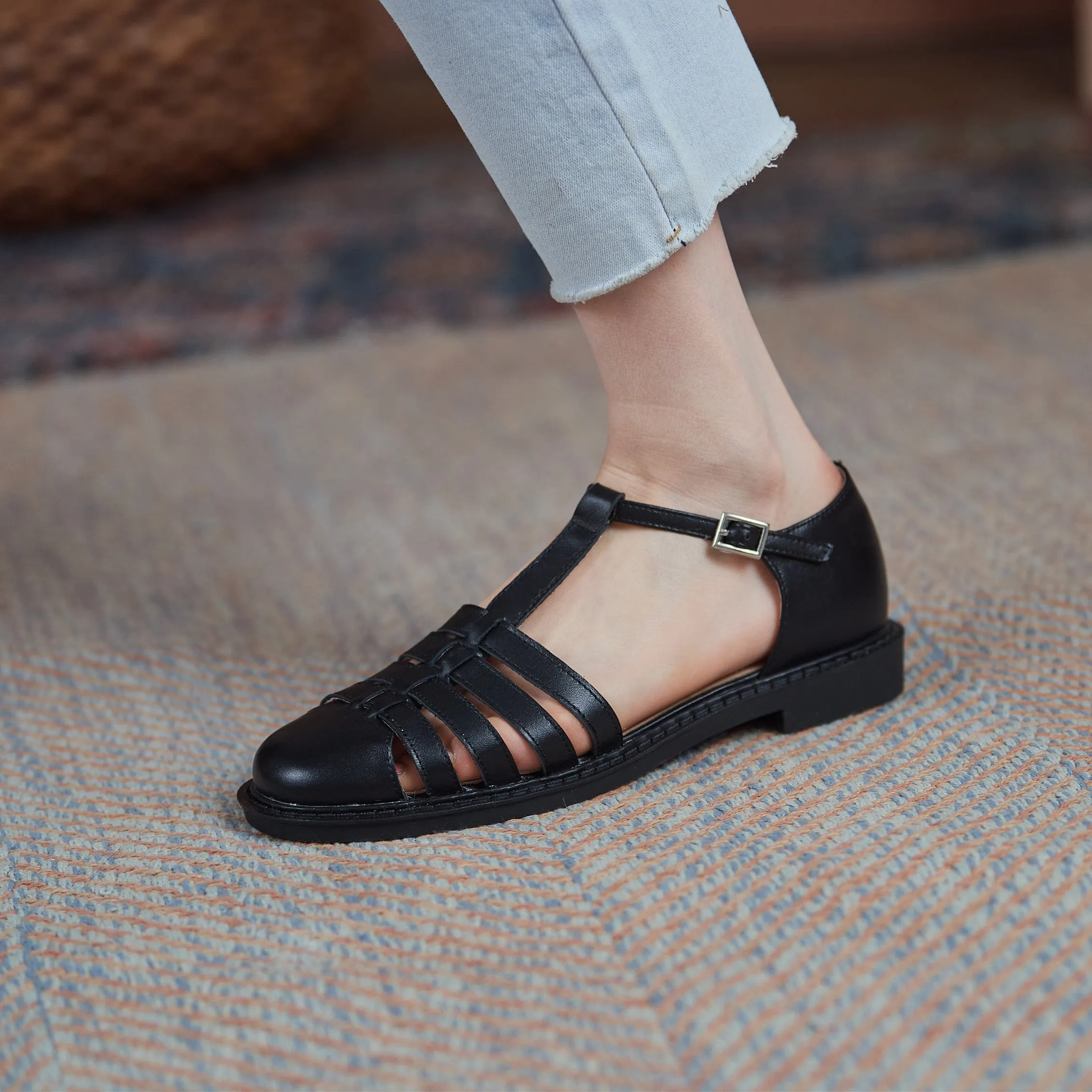 Womens Leather Fisherman Braided Flat Sandals Closed Toe