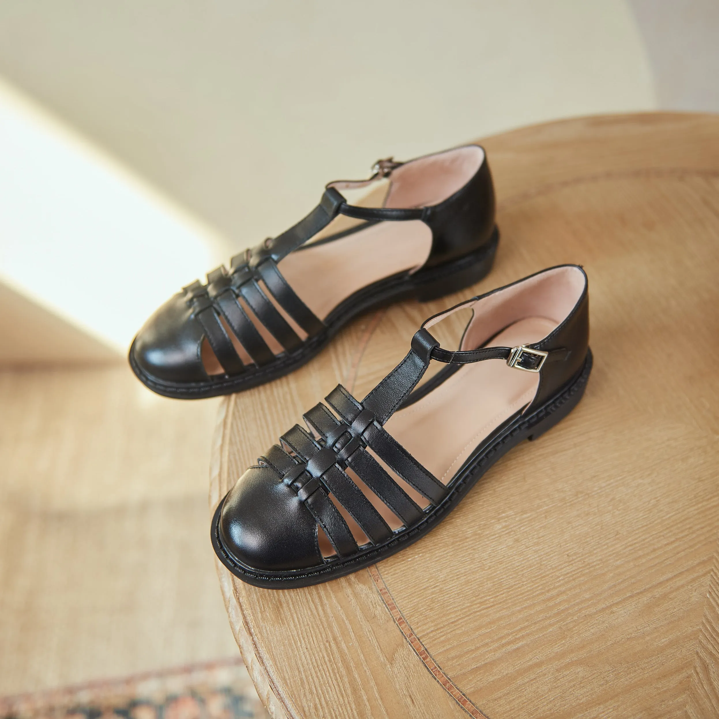 Womens Leather Fisherman Braided Flat Sandals Closed Toe