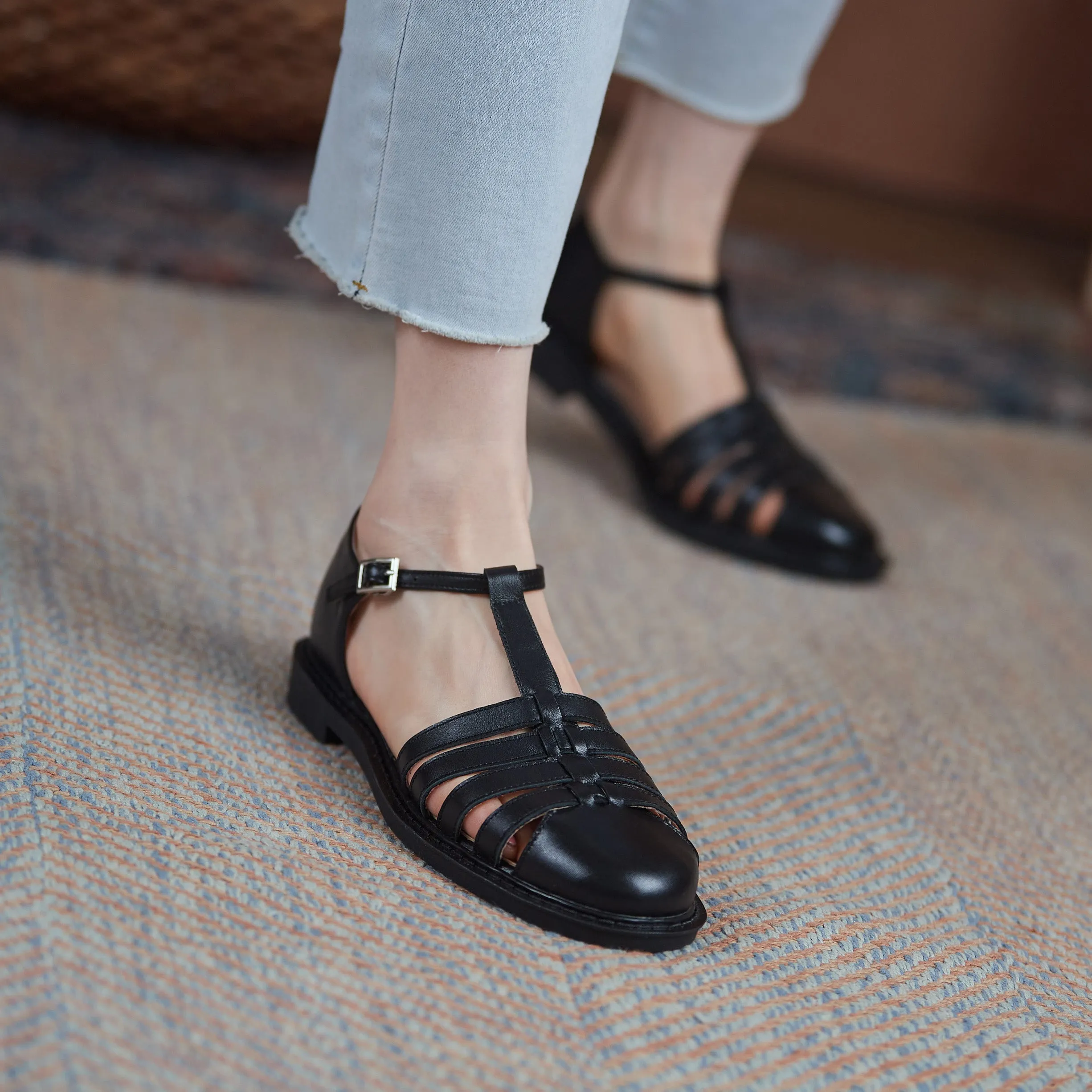 Womens Leather Fisherman Braided Flat Sandals Closed Toe