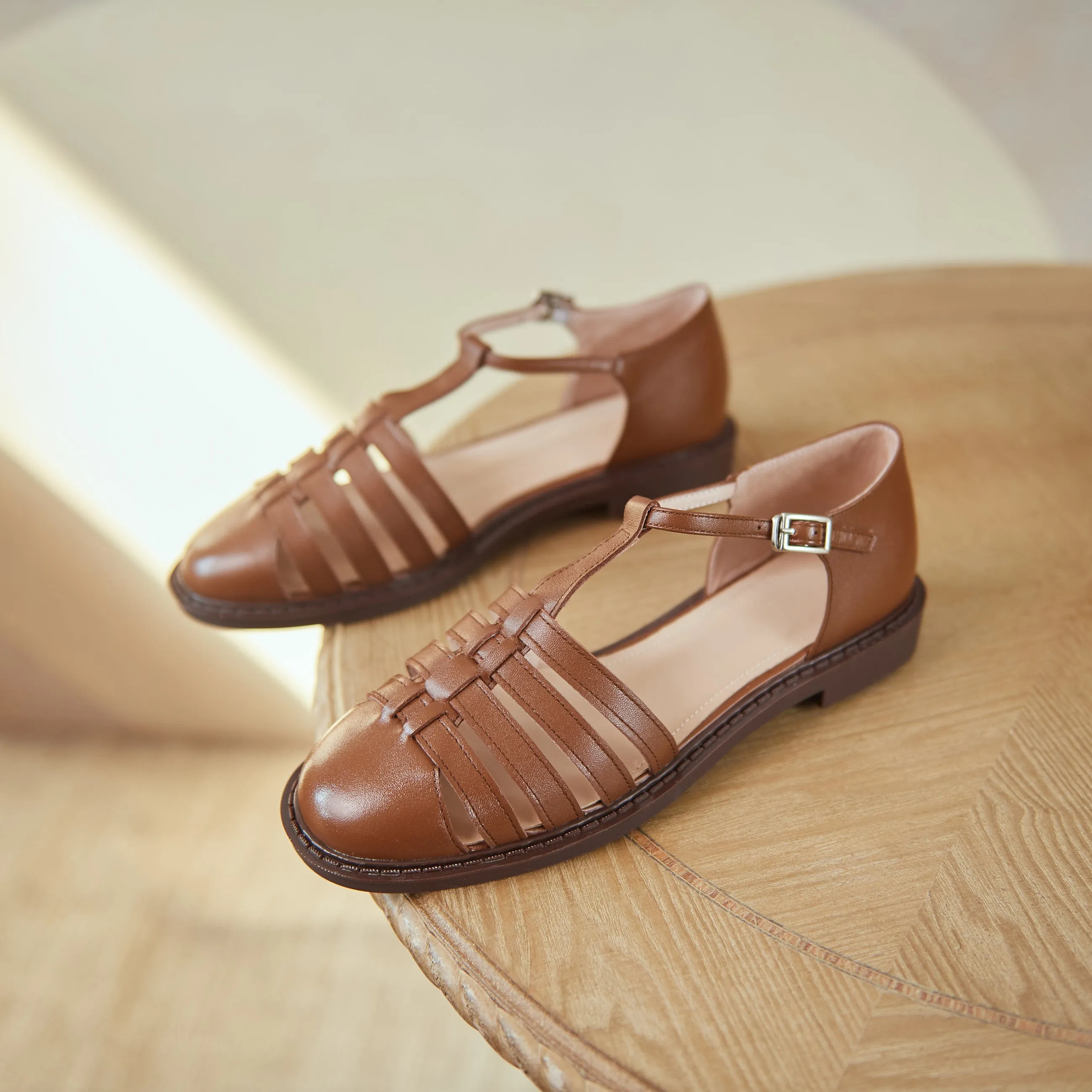 Womens Leather Fisherman Braided Flat Sandals Closed Toe