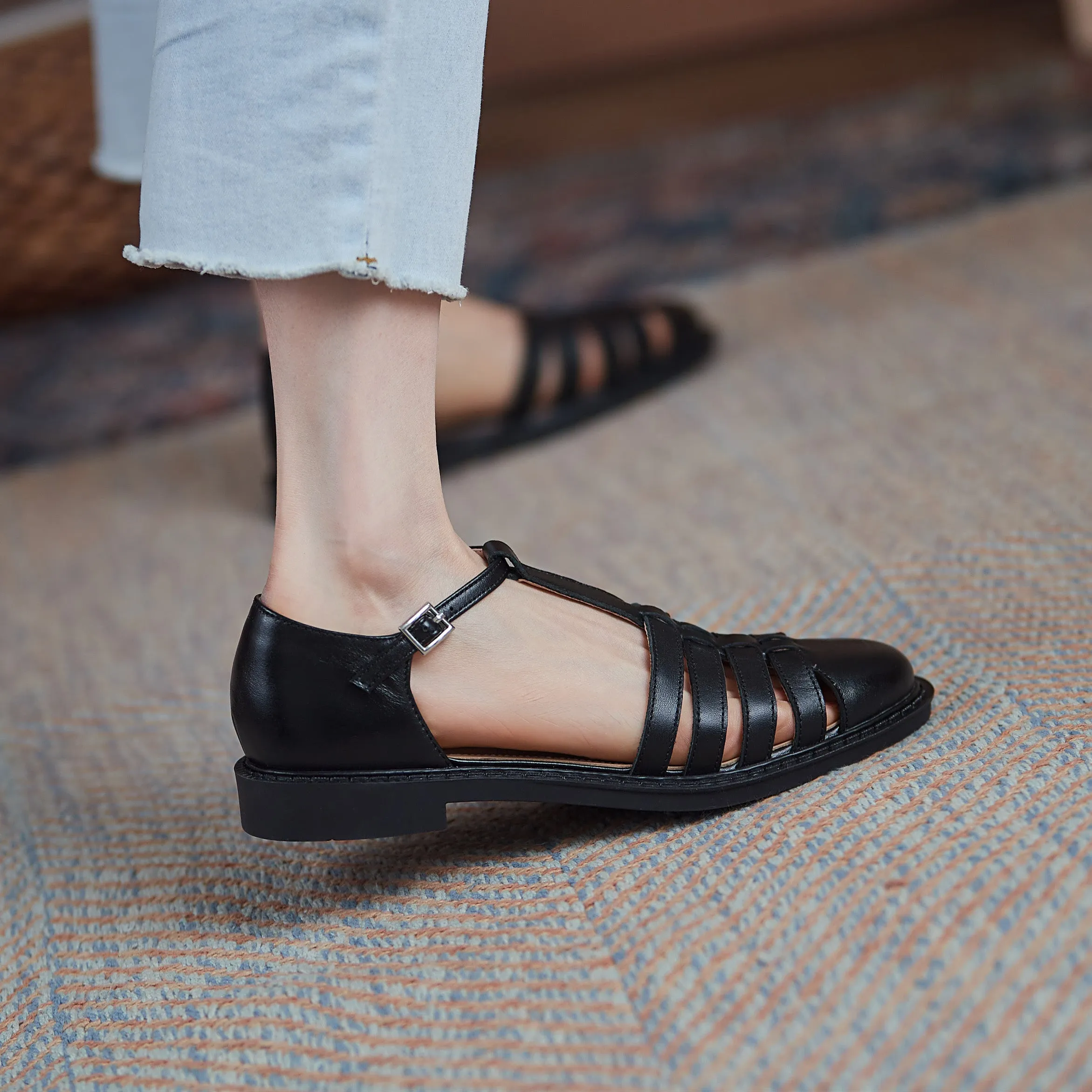 Womens Leather Fisherman Braided Flat Sandals Closed Toe