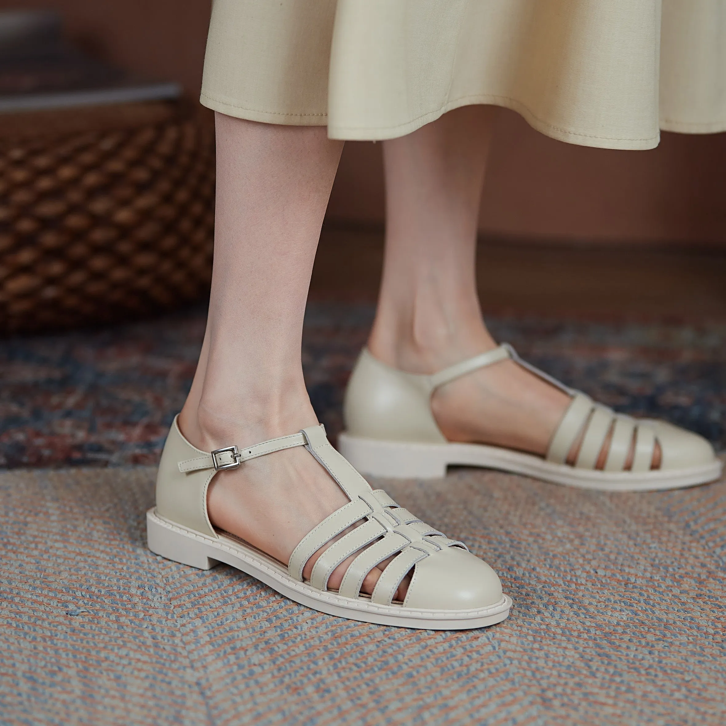 Womens Leather Fisherman Braided Flat Sandals Closed Toe