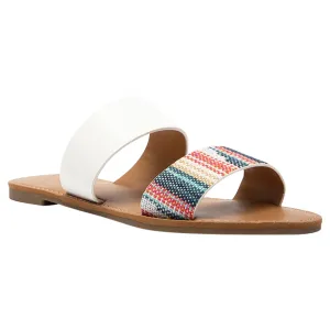 Women's Summer Sandals Two Band Slip On Flats White/Knit Blue Pink