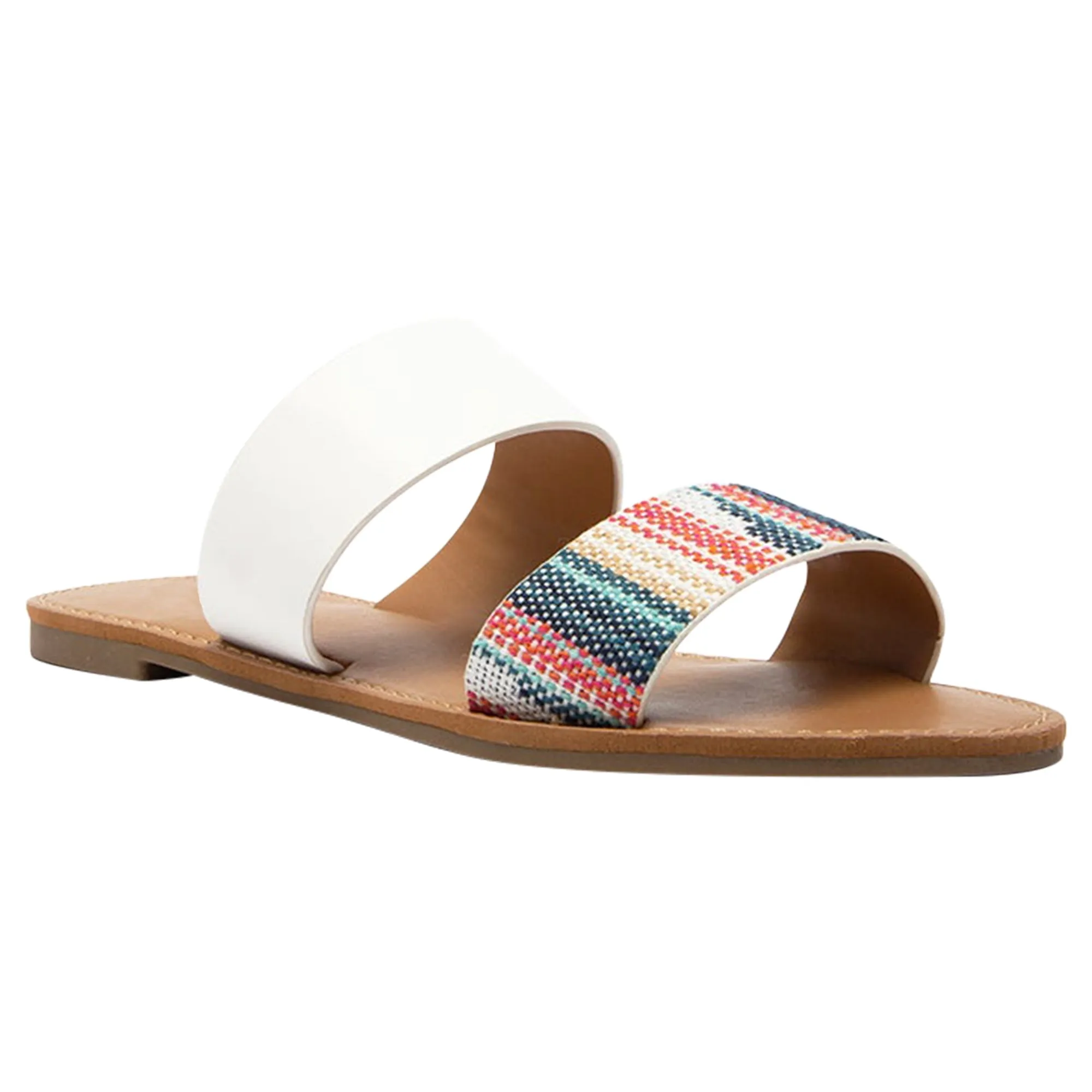 Women's Summer Sandals Two Band Slip On Flats White/Knit Blue Pink