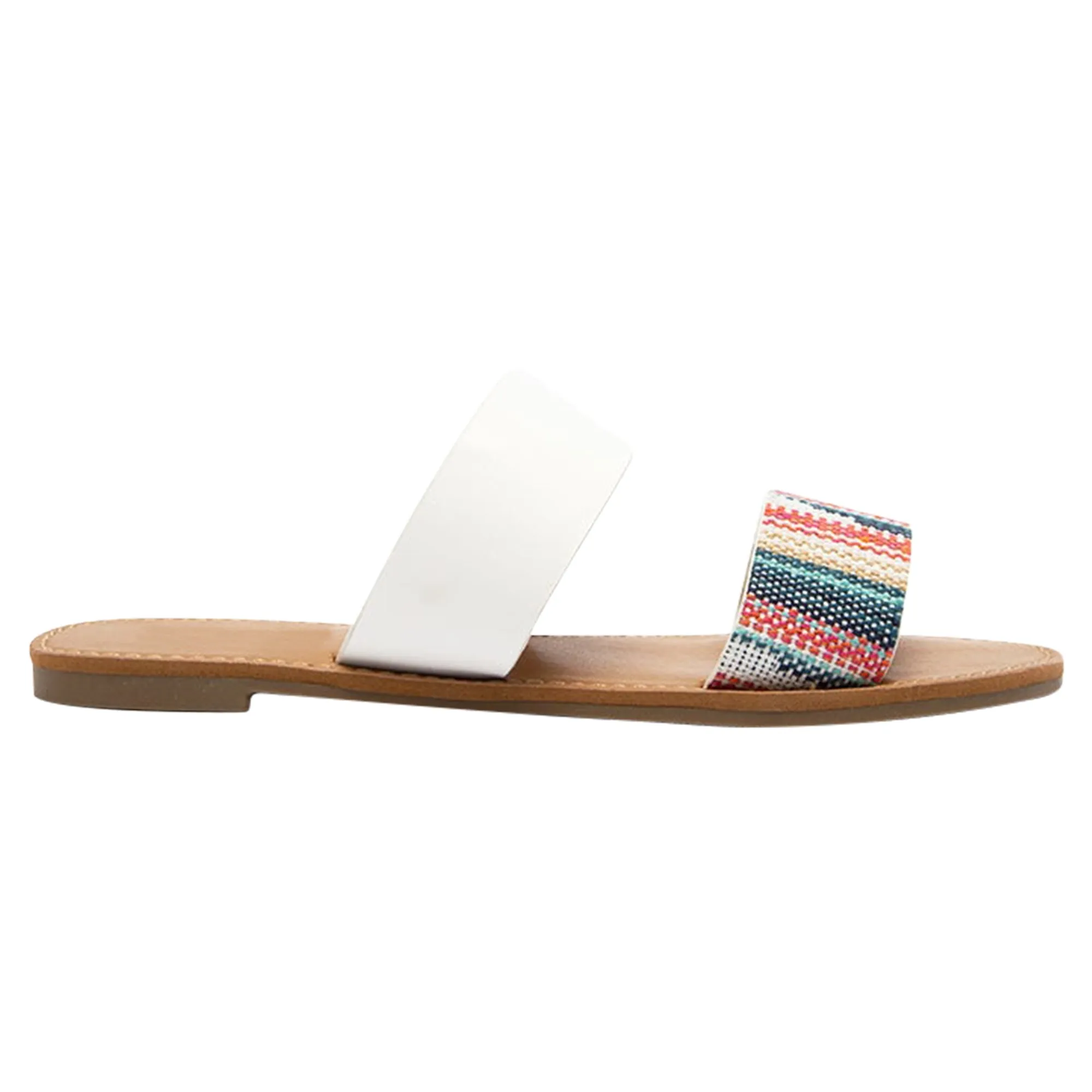 Women's Summer Sandals Two Band Slip On Flats White/Knit Blue Pink