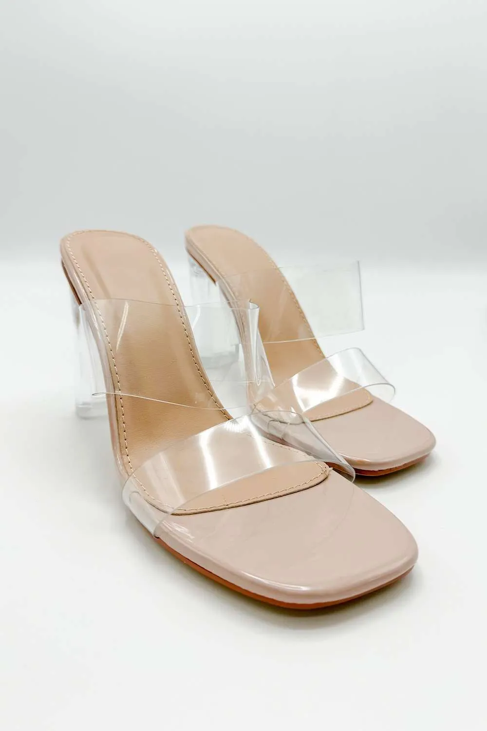 Yara Perspex Band Block Heel Mules in Nude