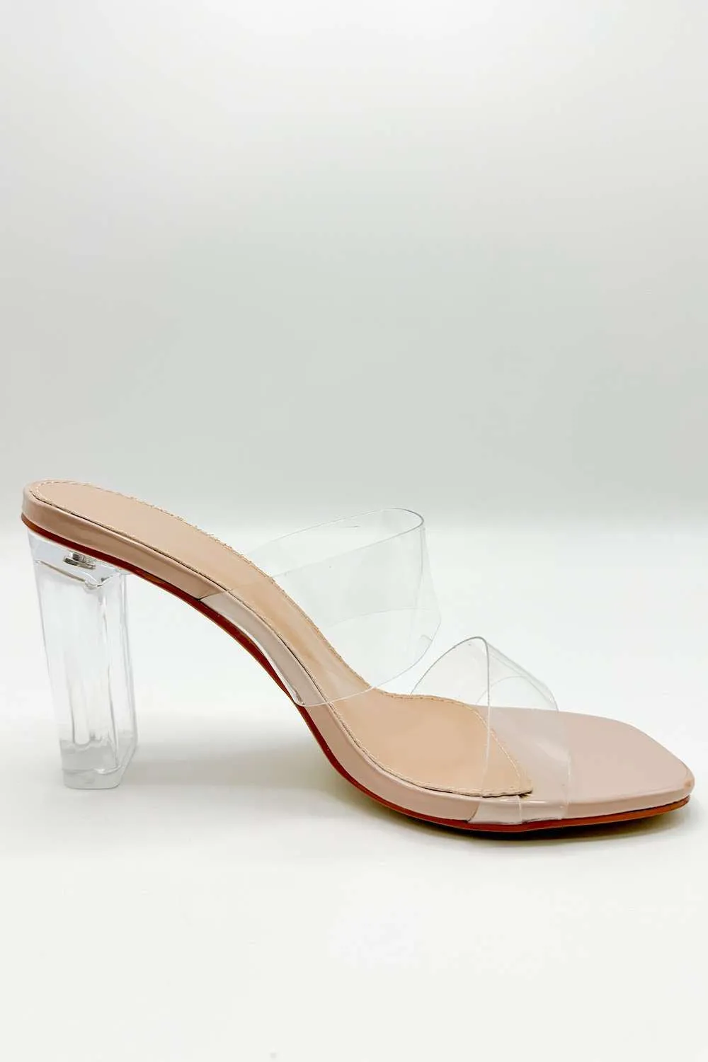 Yara Perspex Band Block Heel Mules in Nude